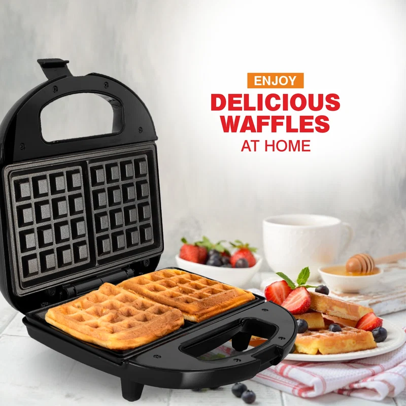 Glen Electric Waffle Maker with Non-Stick Coating Plates, 750W - Black (3024WMBL) - Image