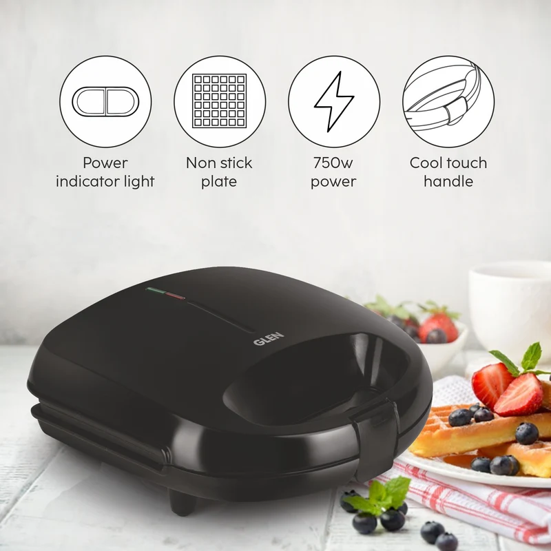 Glen Electric Waffle Maker with Non-Stick Coating Plates, 750W - Black (3024WMBL) - Image