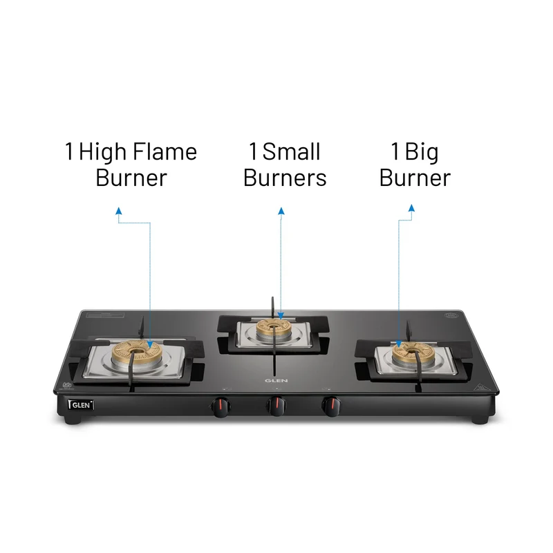 Glen 3 Burner Slim Glass Gas Stove with High Flame Forged Brass Burner - Manual/Auto Ignition (CT1038SLSQBLFB) - Image