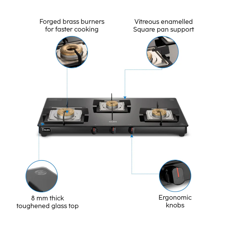 Glen 3 Burner Slim Glass Gas Stove with High Flame Forged Brass Burner - Manual/Auto Ignition (CT1038SLSQBLFB) - Image
