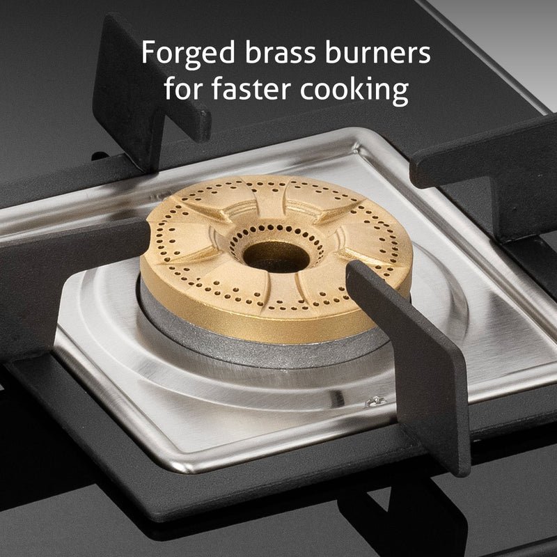 Glen 3 Burner Slim Glass Gas Stove with High Flame Forged Brass Burner - Manual/Auto Ignition (CT1038SLSQBLFB) - Image