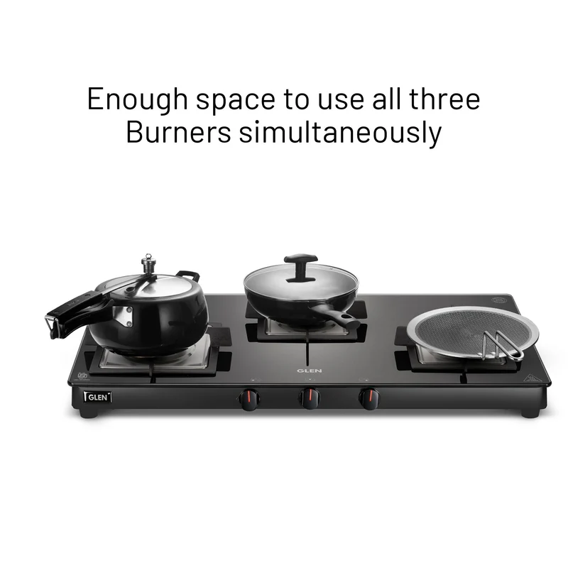 Glen 3 Burner Slim Glass Gas Stove with High Flame Forged Brass Burner - Manual/Auto Ignition (CT1038SLSQBLFB) - Image