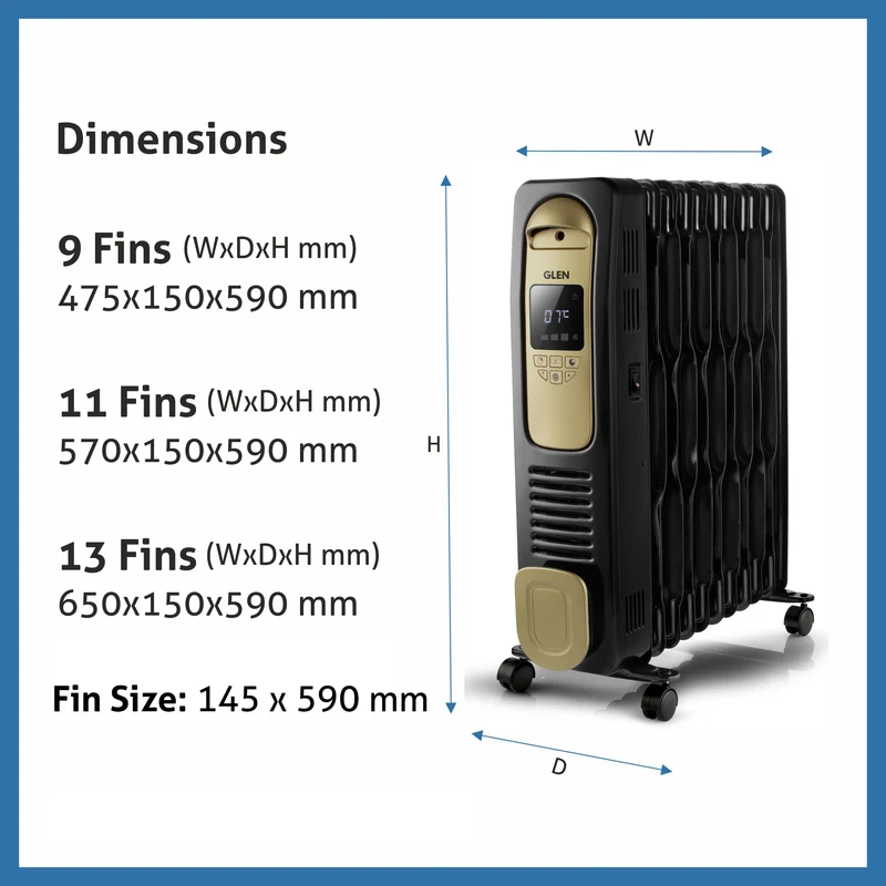 Glen Electric Oil Filled Radiator Room Heater Digital with 9 Fin - HA7013DOR - Image