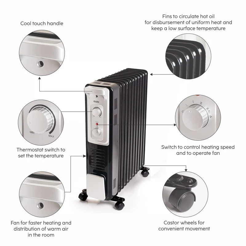 Glen Oil Filled Radiator Room Heater with Turbo Ceramic Fan Black (7015OR) - 9 Fin - Image