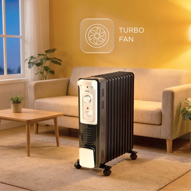 Glen Oil Filled Radiator Room Heater with Turbo Ceramic Fan Black (7015OR) - 9 Fin - Image