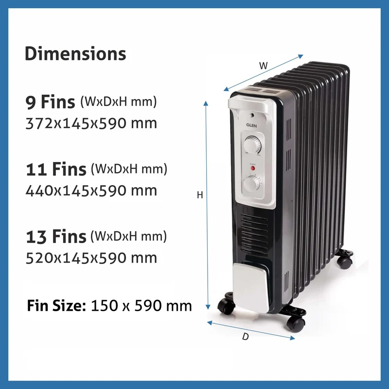 Glen Oil Filled Radiator Room Heater with Turbo Ceramic Fan Black (7015OR) - 9 Fin - Image