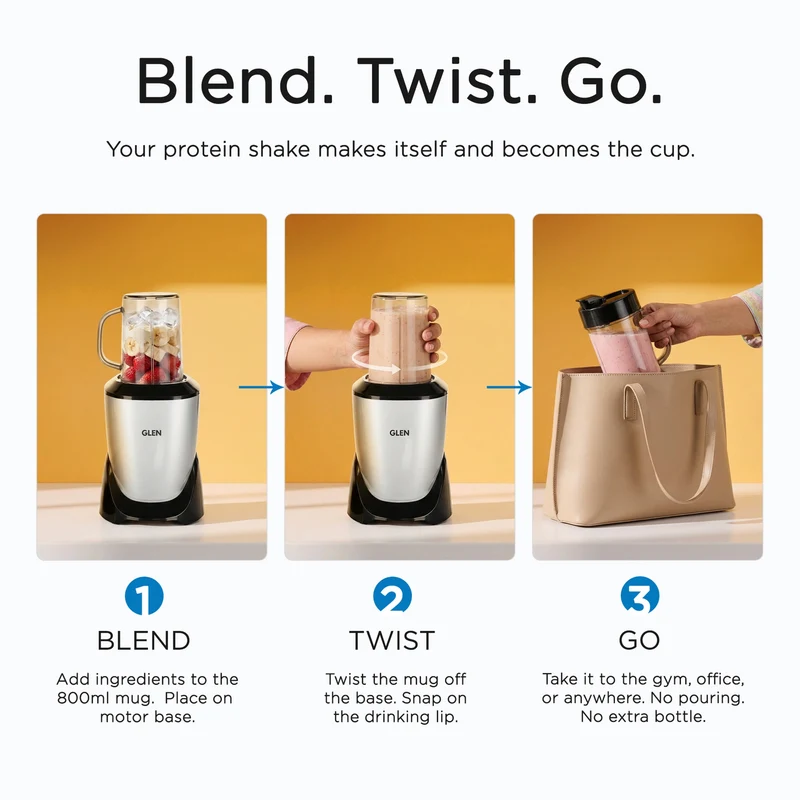 Glen Nutri Blender Pro Mixer Grinder 900W | 4 Unbreakable Jars (2000ml + 1000ml + 800ml + Mug) | 3 SS Blades | Smoothie Maker Masala Grinder - SA4048UTPLUS - Image