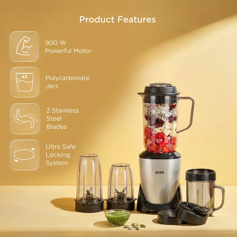 Glen Nutri Blender Pro Mixer Grinder 900W | 4 Unbreakable Jars (2000ml + 1000ml + 800ml + Mug) | 3 SS Blades | Smoothie Maker Masala Grinder - SA4048UTPLUS - Image