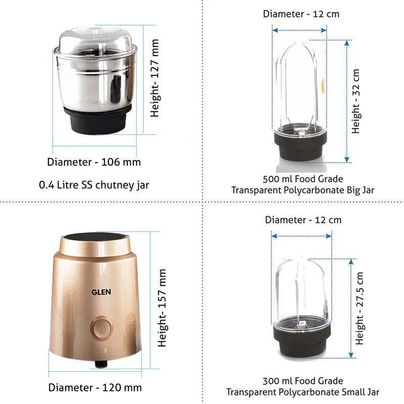 Glen Active-Blender Grinder, 350W, 20000 RPM Mixer, Grinder, Blender, 1 SS Grinder Jar, 2 Jars - Gold (4048 BG CG) - Image