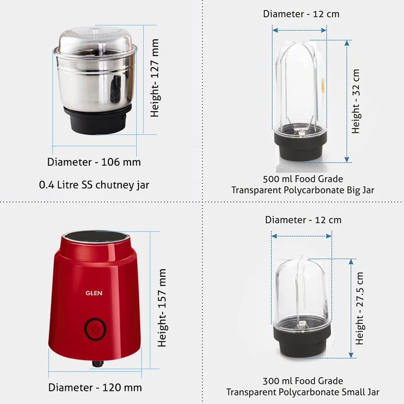 Glen Active-Blender Grinder, 350W, 20000 RPM Mixer, Grinder, Blender, 1 SS Grinder Jar, 2 Jars - RED (4048 BG RED) - Image
