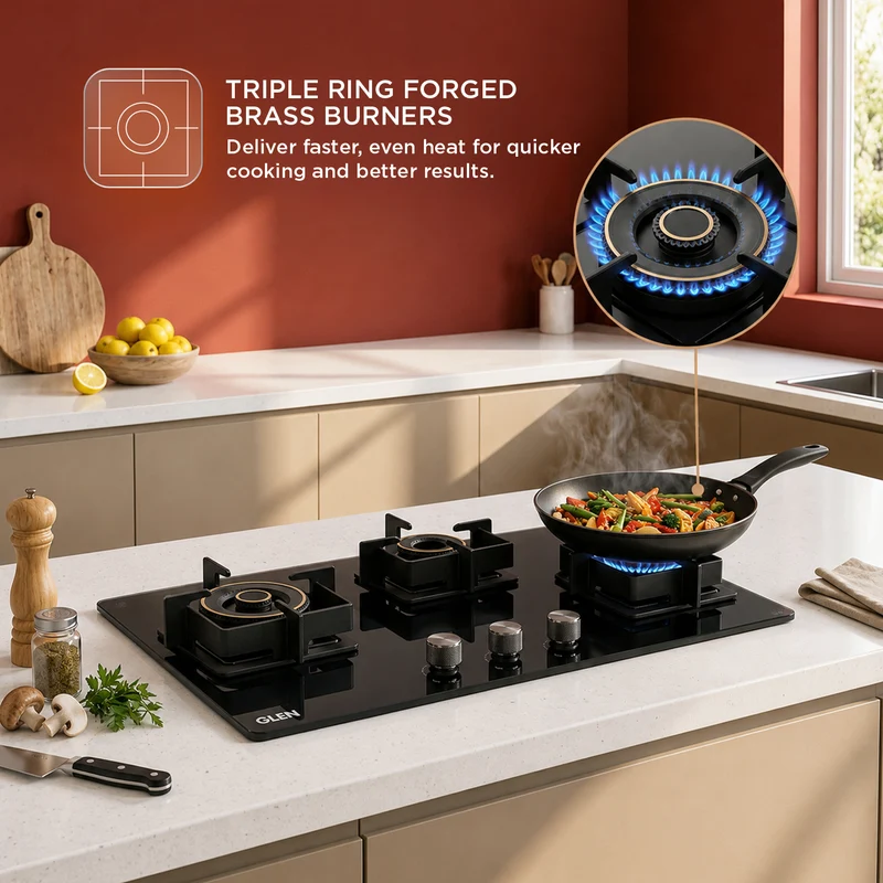 Glen 3 Burner DFVS Glass Hob Forged Brass Burners (BH1073DFHT2TR77) - Image