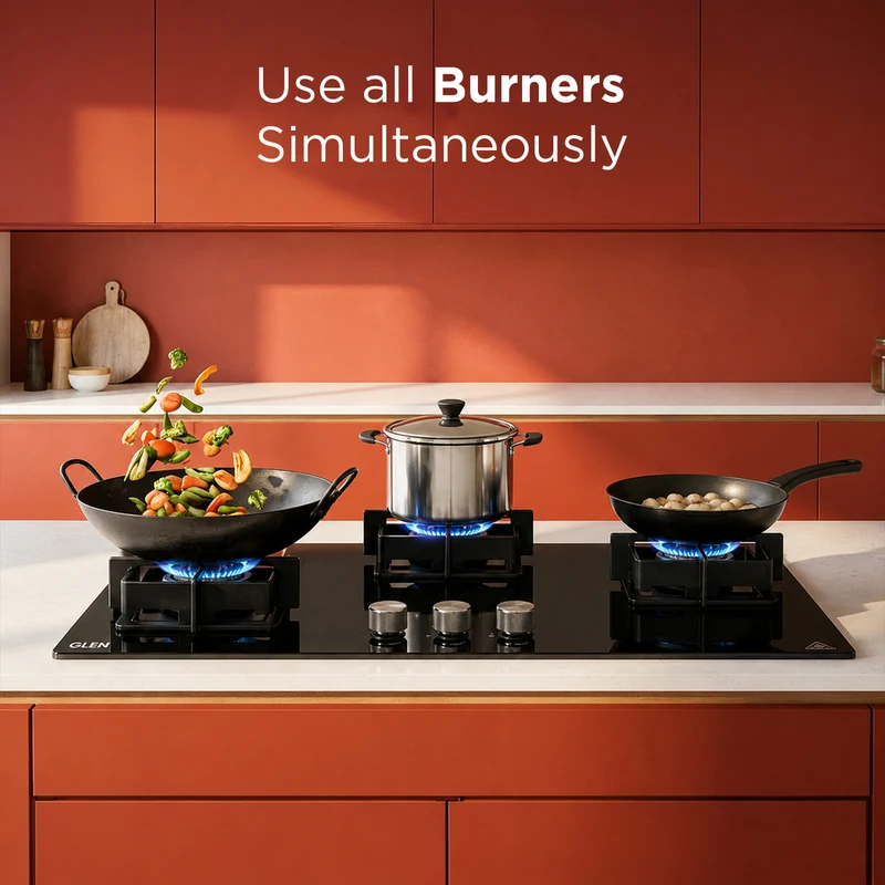 Glen 3 Burner DFVS Glass Hob Forged Brass Burners (BH1073DFHT2TR77) - Image