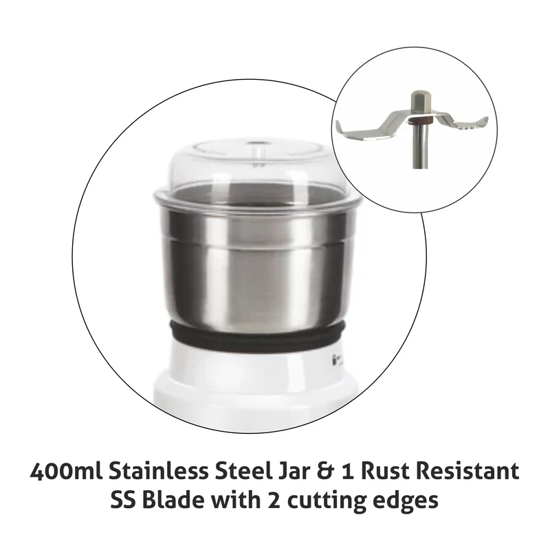 Glen Electric Mini Grinder, 50gm SS Jar for Dry and Wet Grinding 350W - White (4045 NG) - Image