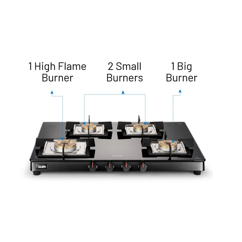 Glen 4 Burner Ultra Slim Glass Gas Stove 1 High Flame 3 Forged Brass Burner - Manual / Auto Ignition (CT1048SLSQ BLFB) - Image