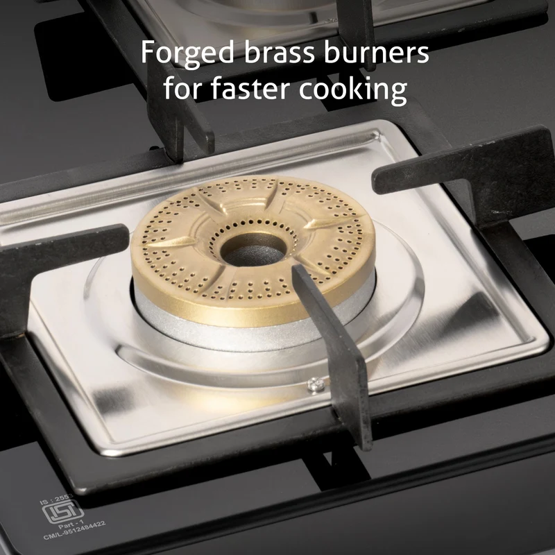 Glen 4 Burner Ultra Slim Glass Gas Stove 1 High Flame 3 Forged Brass Burner - Manual / Auto Ignition (CT1048SLSQ BLFB) - Image