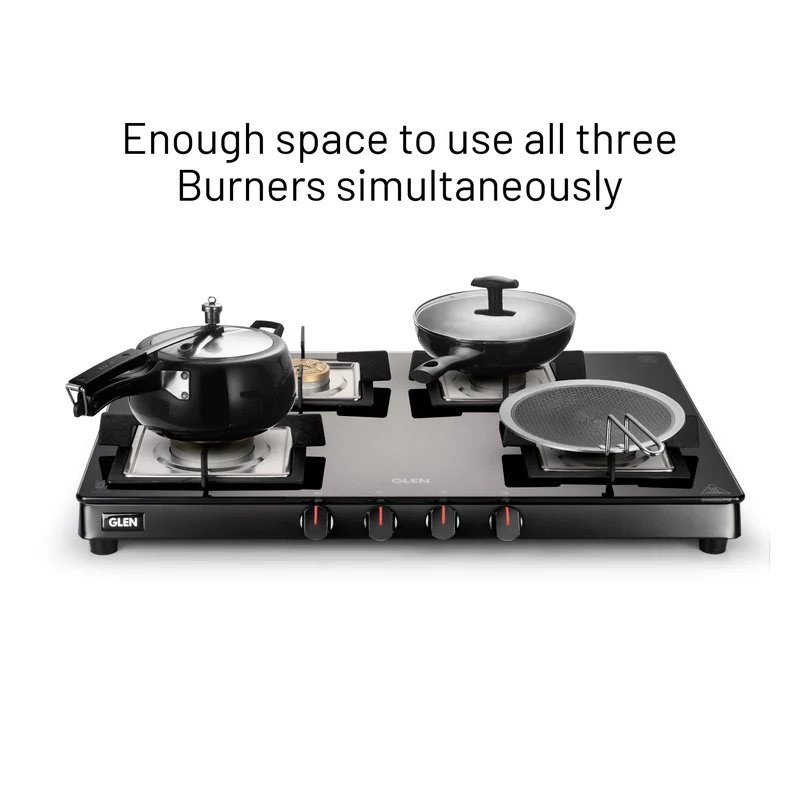 Glen 4 Burner Ultra Slim Glass Gas Stove 1 High Flame 3 Forged Brass Burner - Manual / Auto Ignition (CT1048SLSQ BLFB) - Image