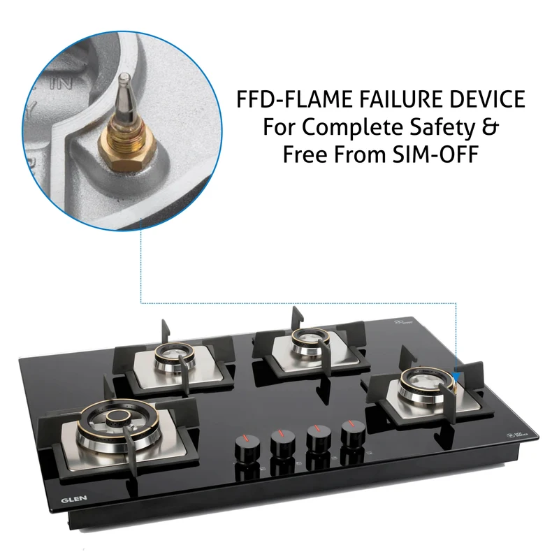 Glen 4 Burner Glass Hob Top Brass Burner Flame Failure Device (1074 SQHTTRFFD) - Image