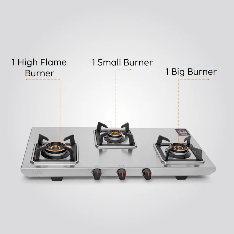 Glen 3 Burner Ultra Tuff Stainless Steel Gas Stove with Multi Ring Forged Brass Burner & Drip trays (CT1053UTDTSS) - Image
