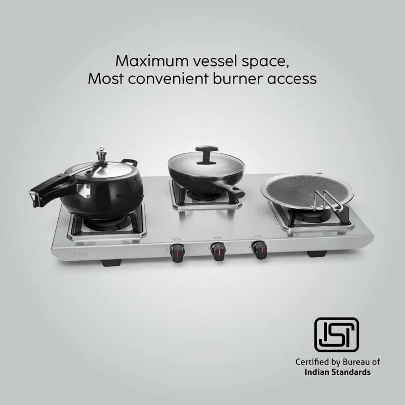 Glen 3 Burner Ultra Tuff Stainless Steel Gas Stove with Multi Ring Forged Brass Burner & Drip trays (CT1053UTDTSS) - Image
